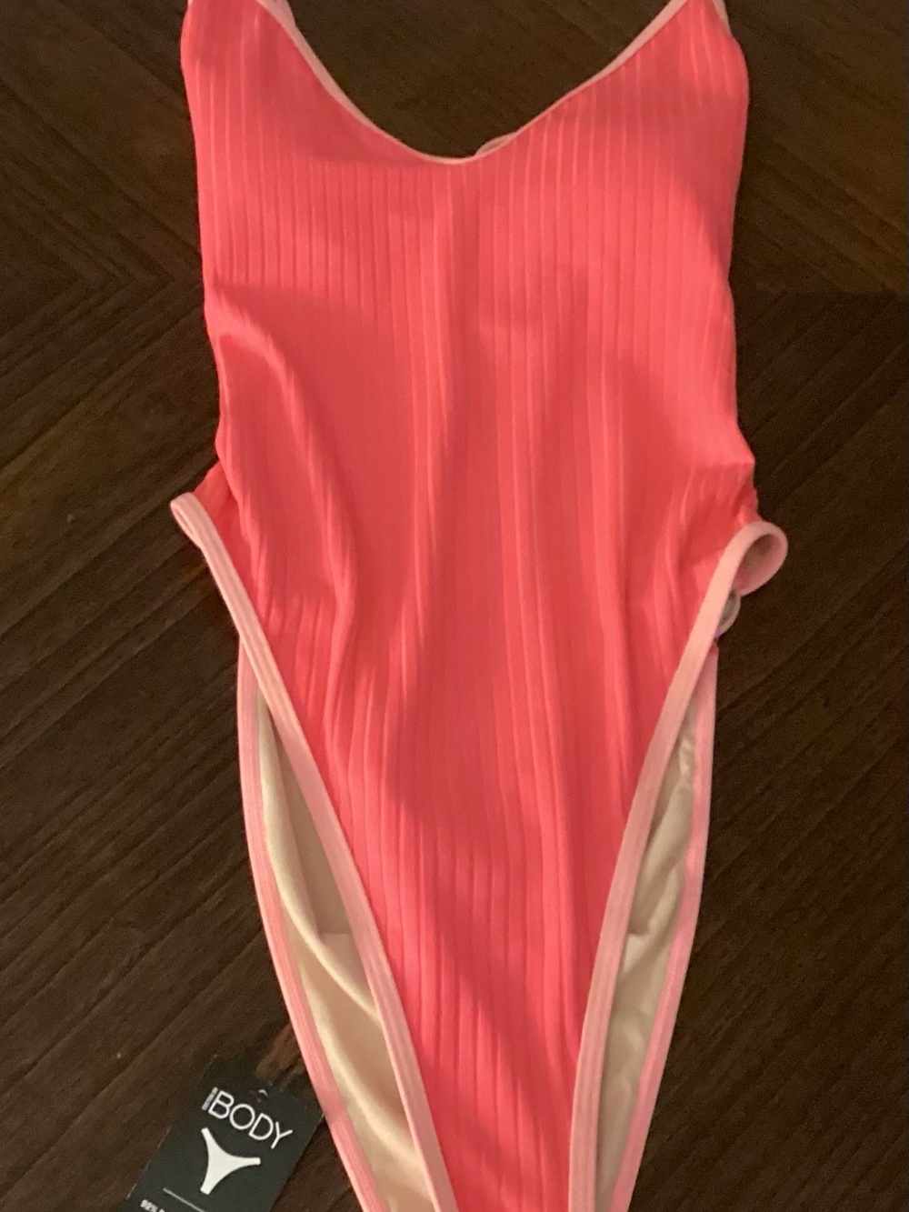 iBODY Coral Pink Ribbed Elongated High-Cut One Piece Swimsuit – Size Small
